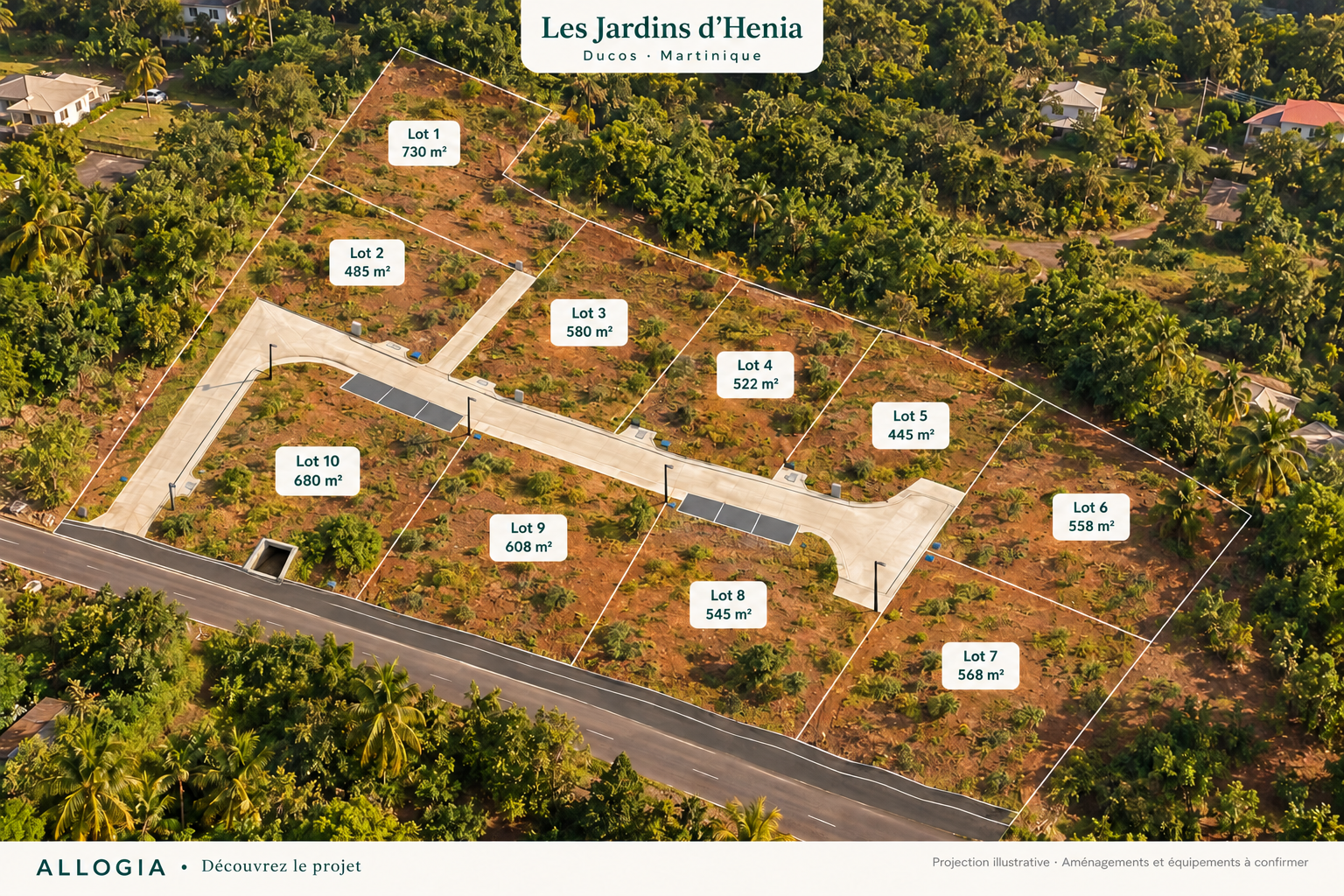 Les Jardins d’Henia à Ducos : projection illustrative, non contractuelle — repérage des dix lots et de leurs surfaces